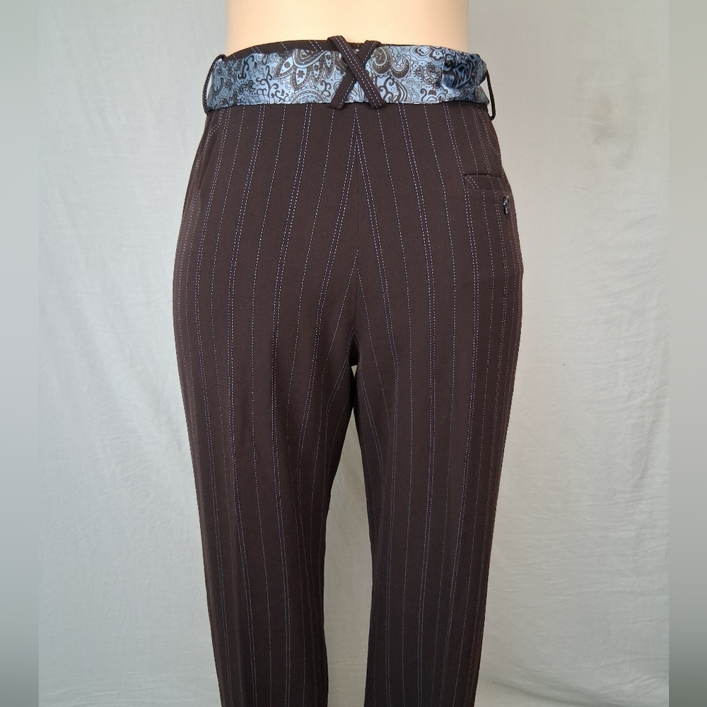 Larry Levine Brown Pinstripe Wide-Leg Pants with Blue Stitching Size 10 - Picture 10 of 16
